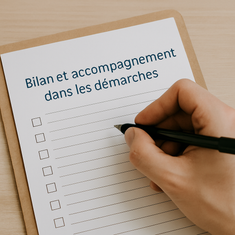 Bloc-notes avec la mention "Bilan et accompagnement dans les démarches" et une main qui écrit, illustrant un soutien administratif personnalisé