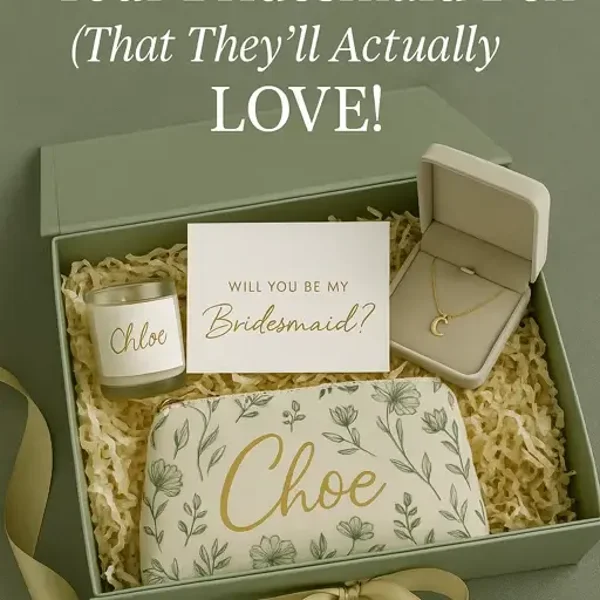 A bridesmaid box with different gifts that you pick, with name added to the lid.