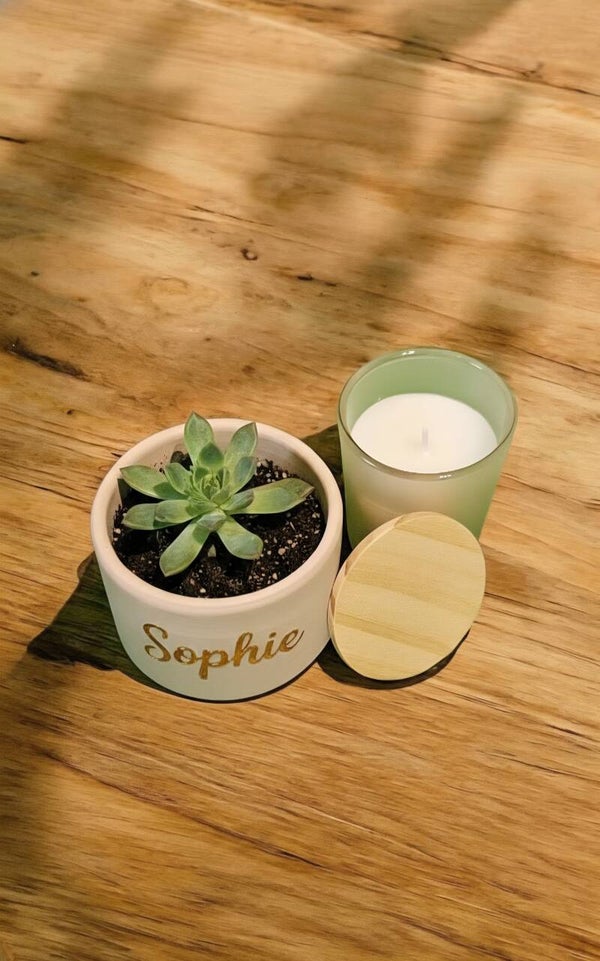 Bloempotje + kaars met naam