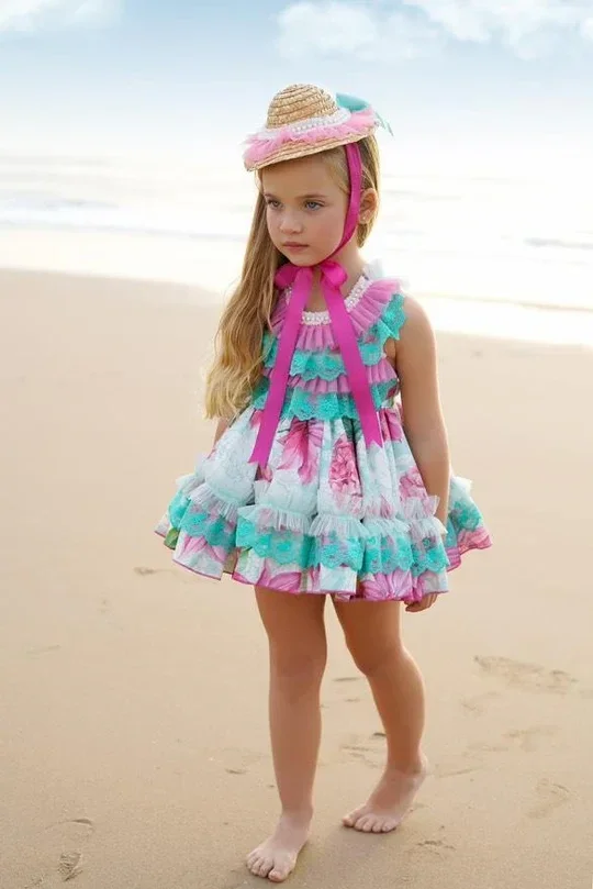 Ela Confeccion SS25 Spanish Girls Pink & Turquoise Vega Puffball Dress ~ MADE TO ORDER