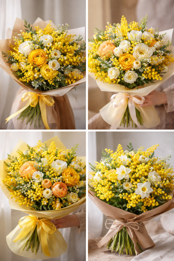 Bouquet con mimosa e fiori di campo mix