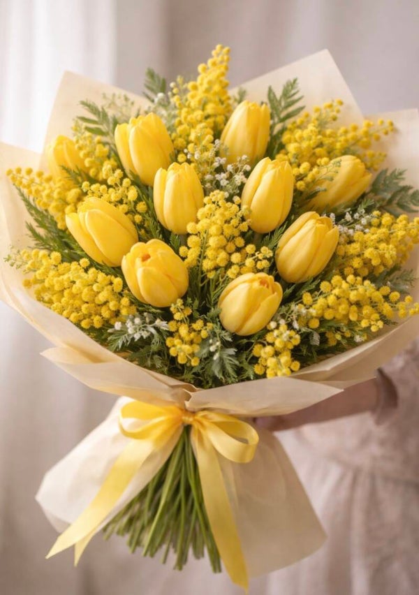 Bouquet tulipani gialli e mimosa