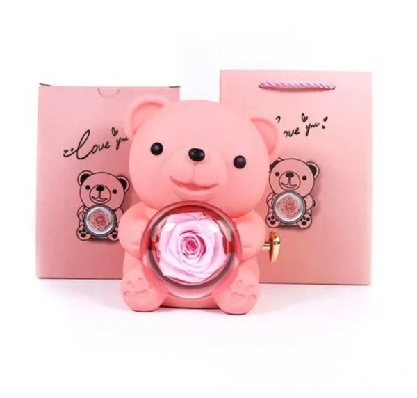 Confezione regalo con orsetto e rosa eterna