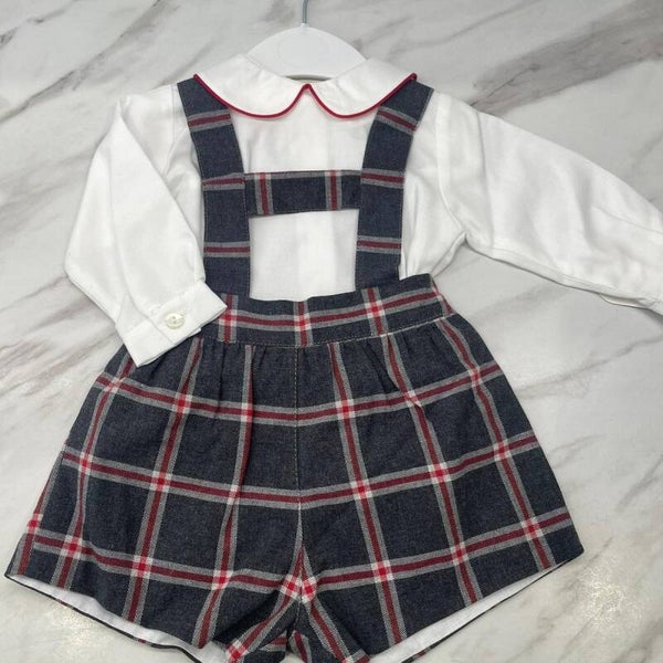 Boys grey and red tartan set