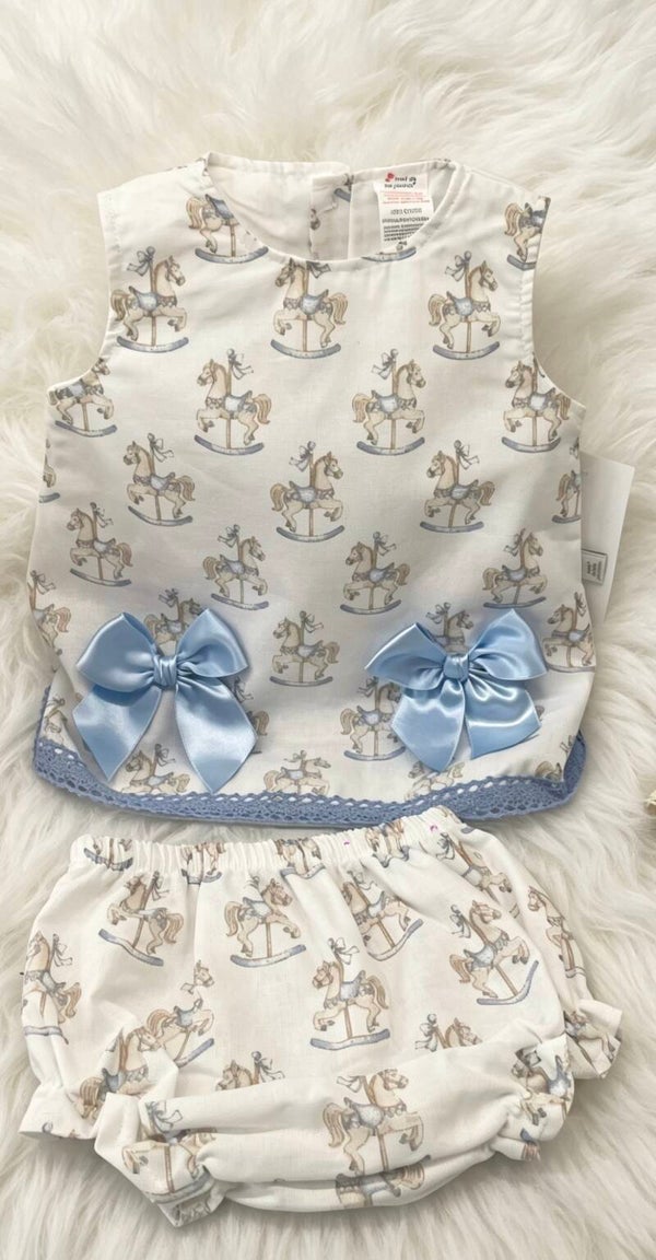 Blue rocking horse dress and knickers