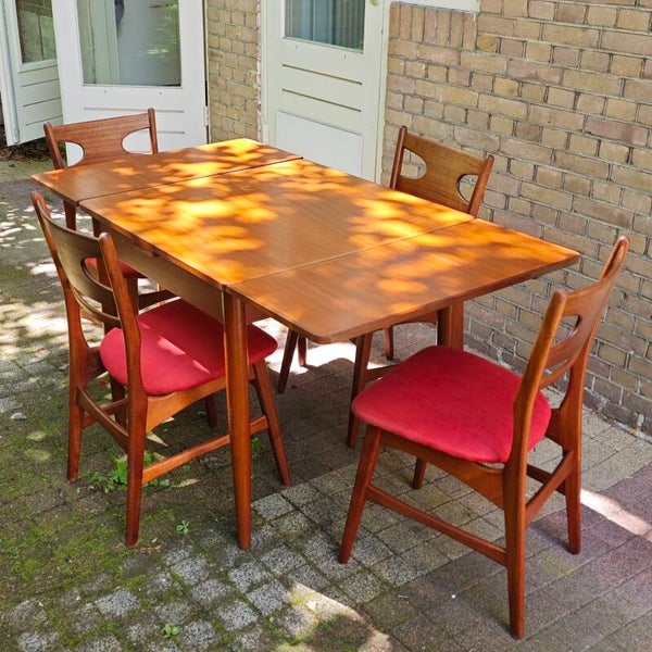 Vintage eetkamerset 4 stoelen uitschuif eettafel