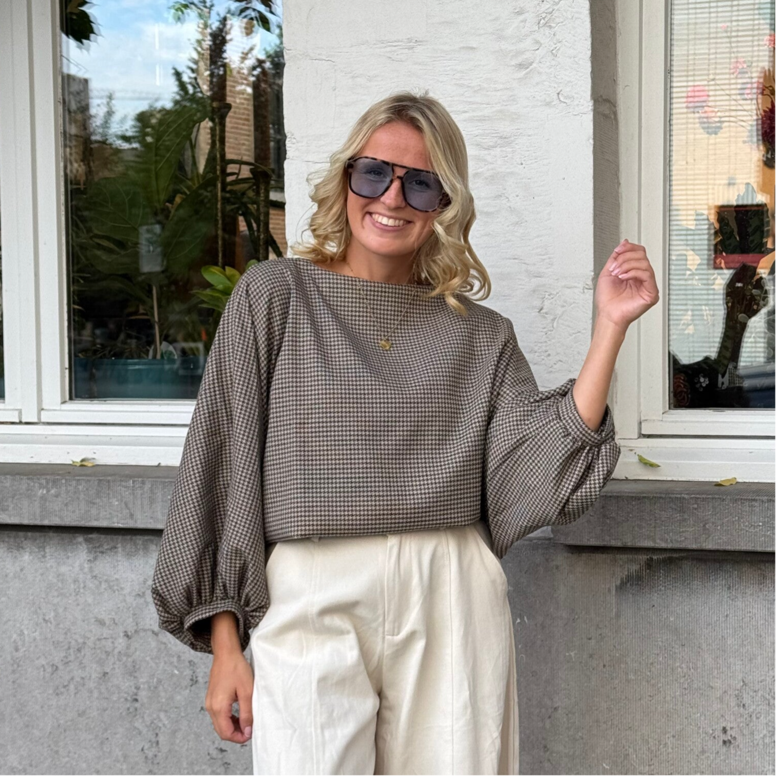Saskia checkered blouse brown  puff sleeves