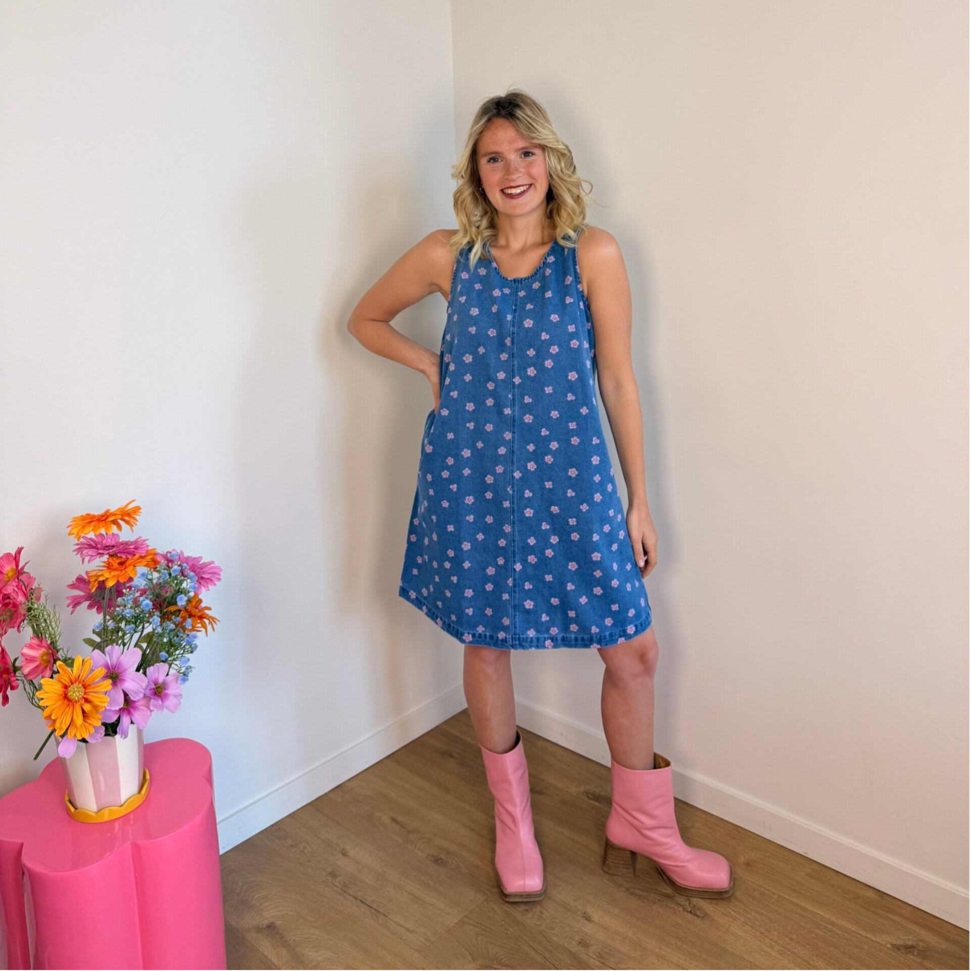 Hanne summerdress jeans pink flowers