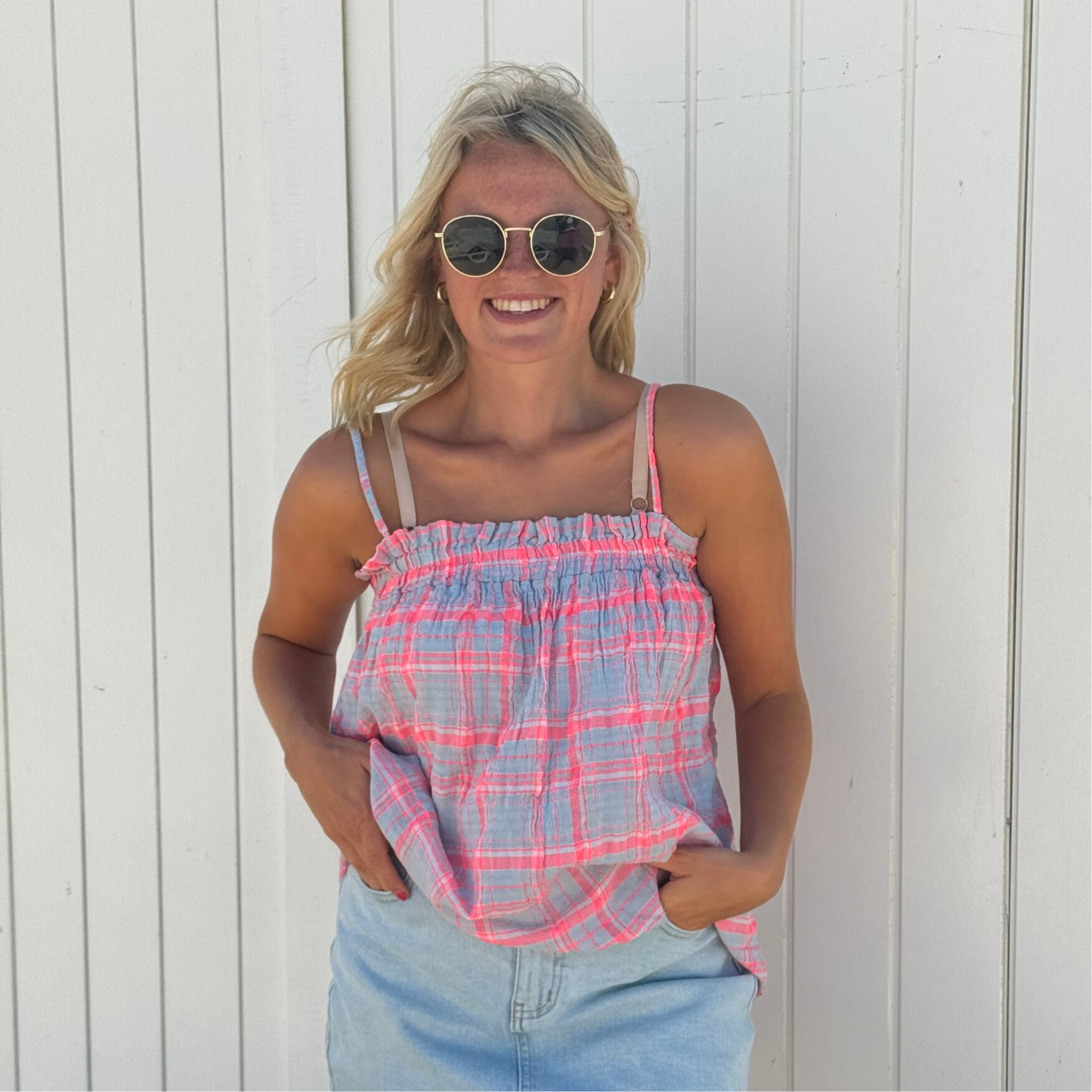 Melanie top vichy blue pink