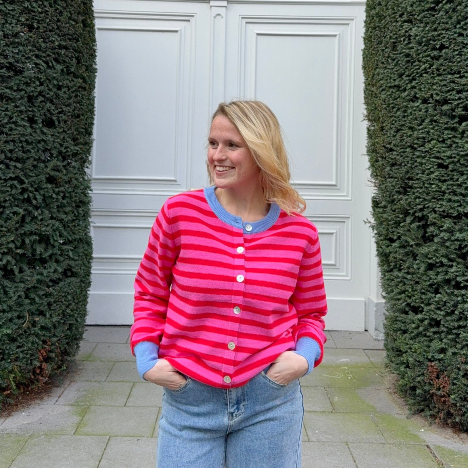 Jeannine cardigan pink red stripes - blue details