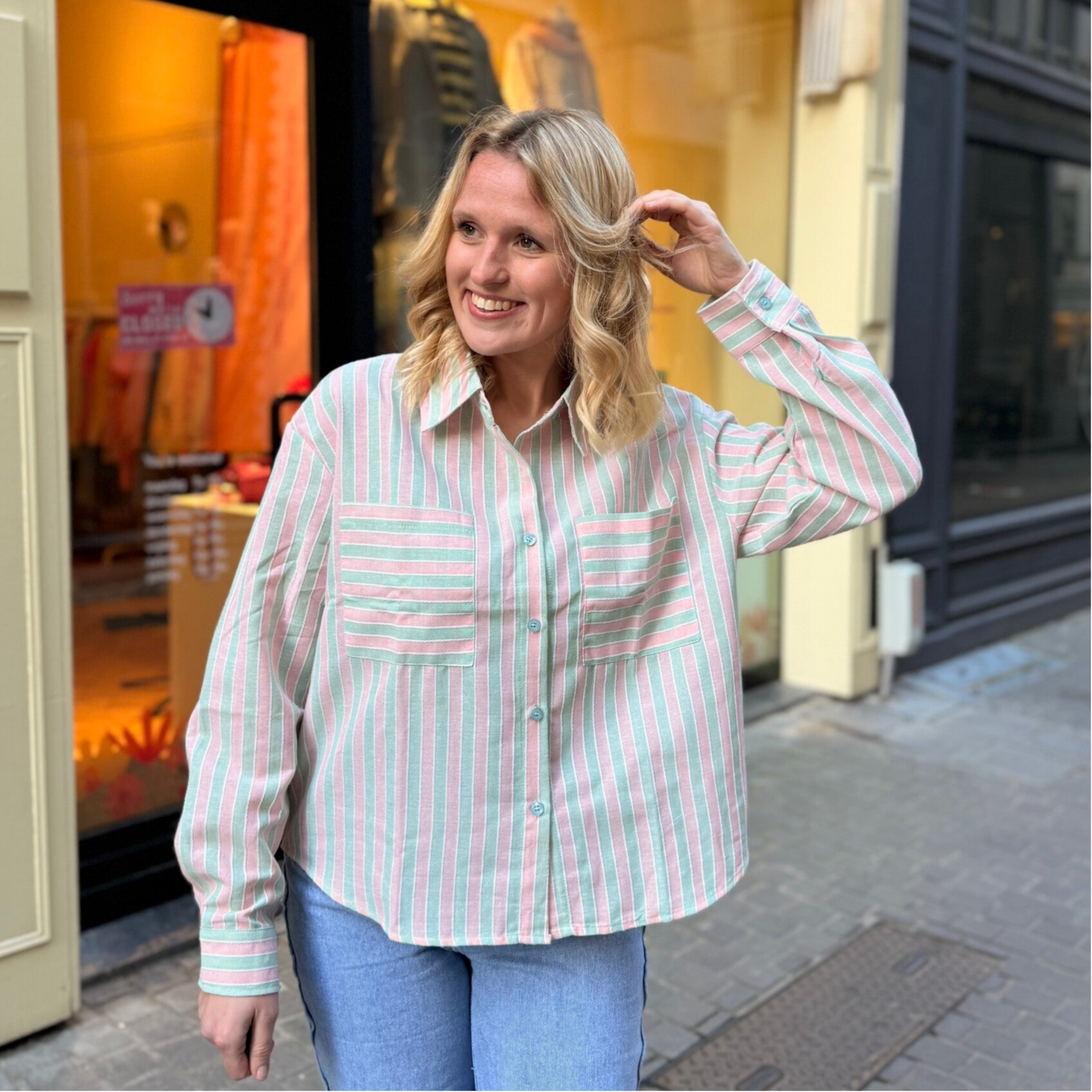 Josefien blouse green pink stripes