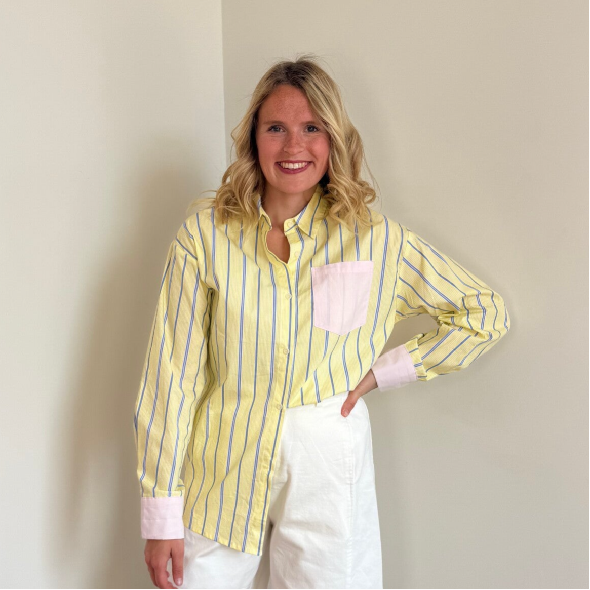 Cato blouse yellow with blue stripes