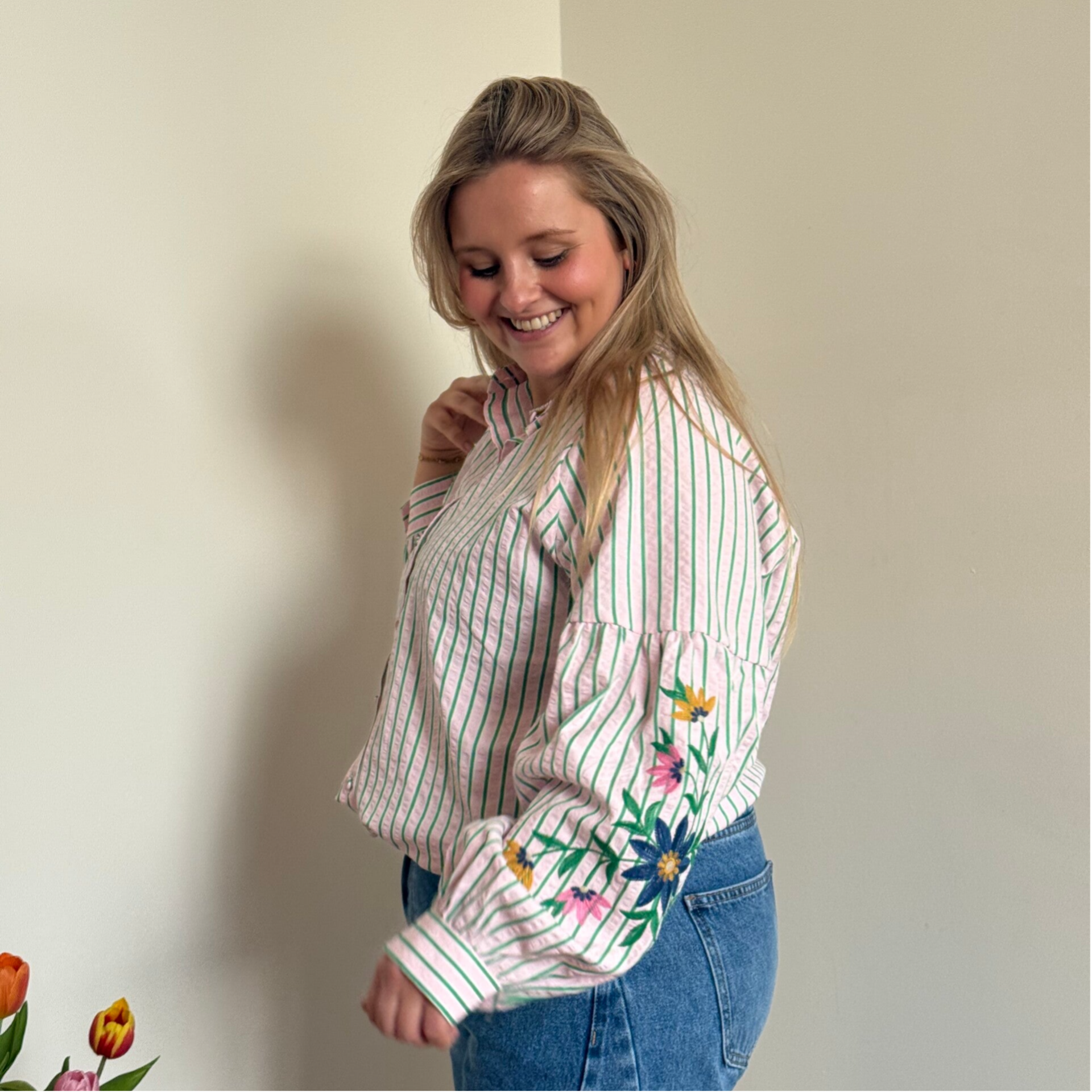 Liesbeth blouse pink green with flowers