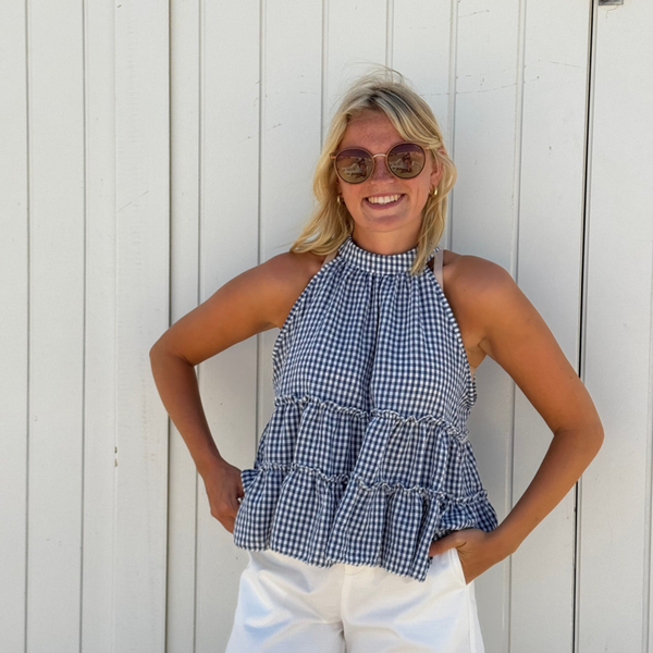Lorelle top  vichy blue and white