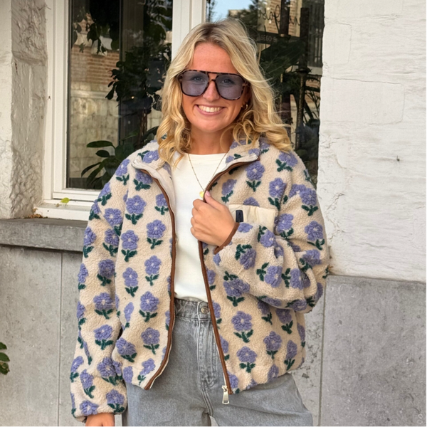 Dagmar teddy jacket beige purple flowers