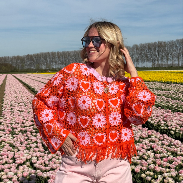 Lolo crochet top long sleeves pink orange