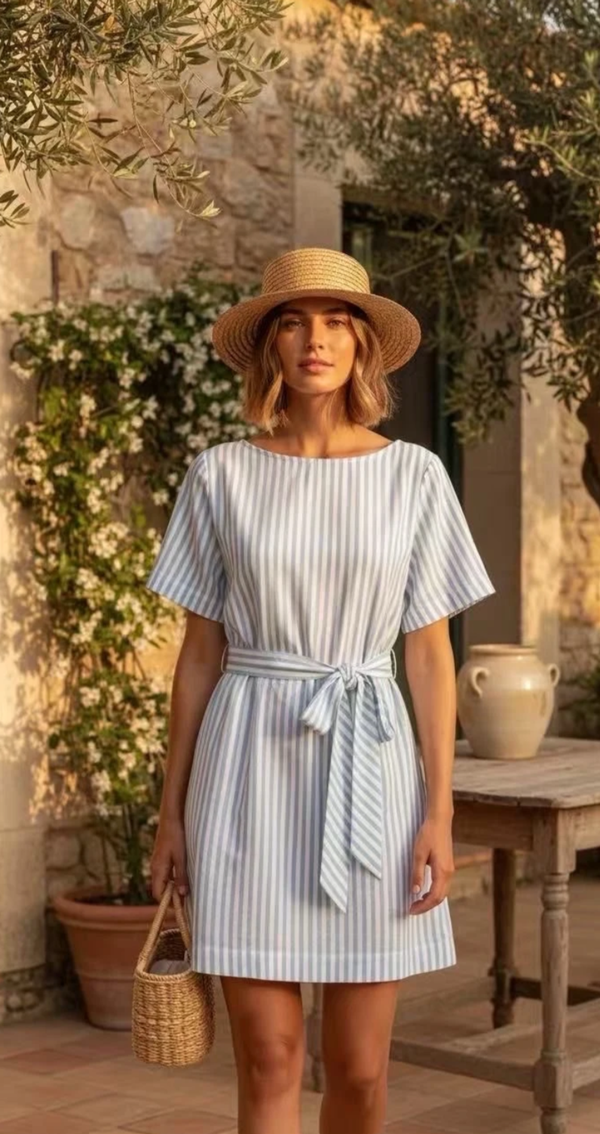 Damasine dress white blue stripes