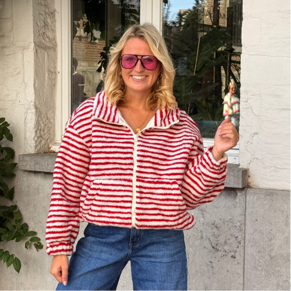 Laurette teddy jacket white red stripes