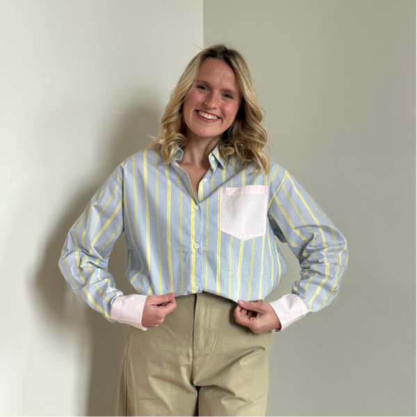 Cato blouse blue with yellow stripes