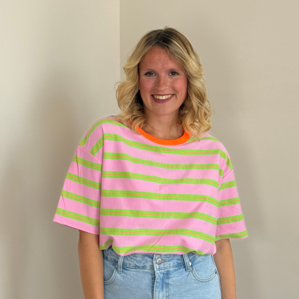 Laura t-shirt pink green stripes- orange