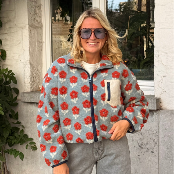 Dagmar teddy jacket blue - dark orange flowers