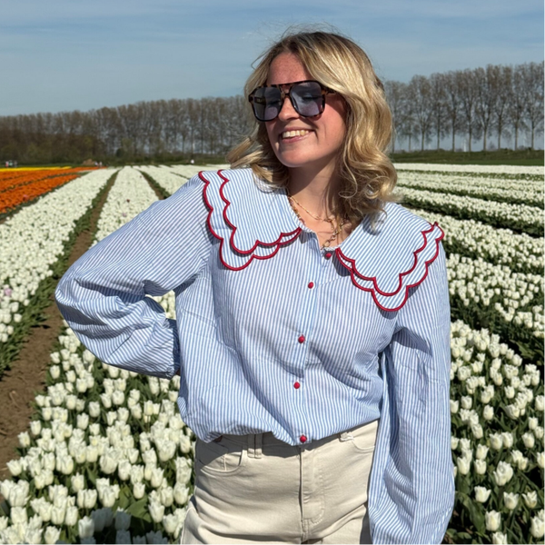 Isa blouse blue white stripes red detail