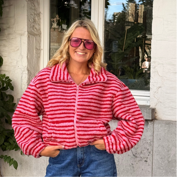 Laurette teddy jacket pink red stripes