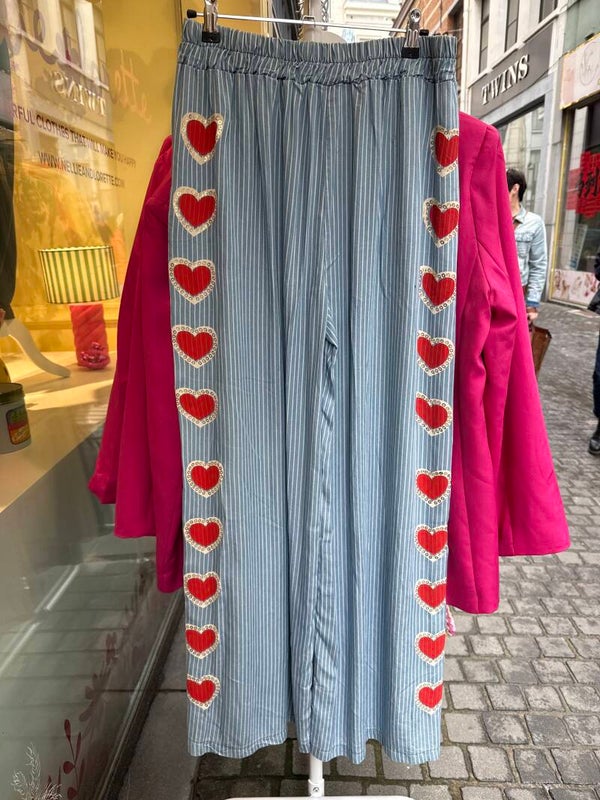 Mollie blue pants with white stripes hearts