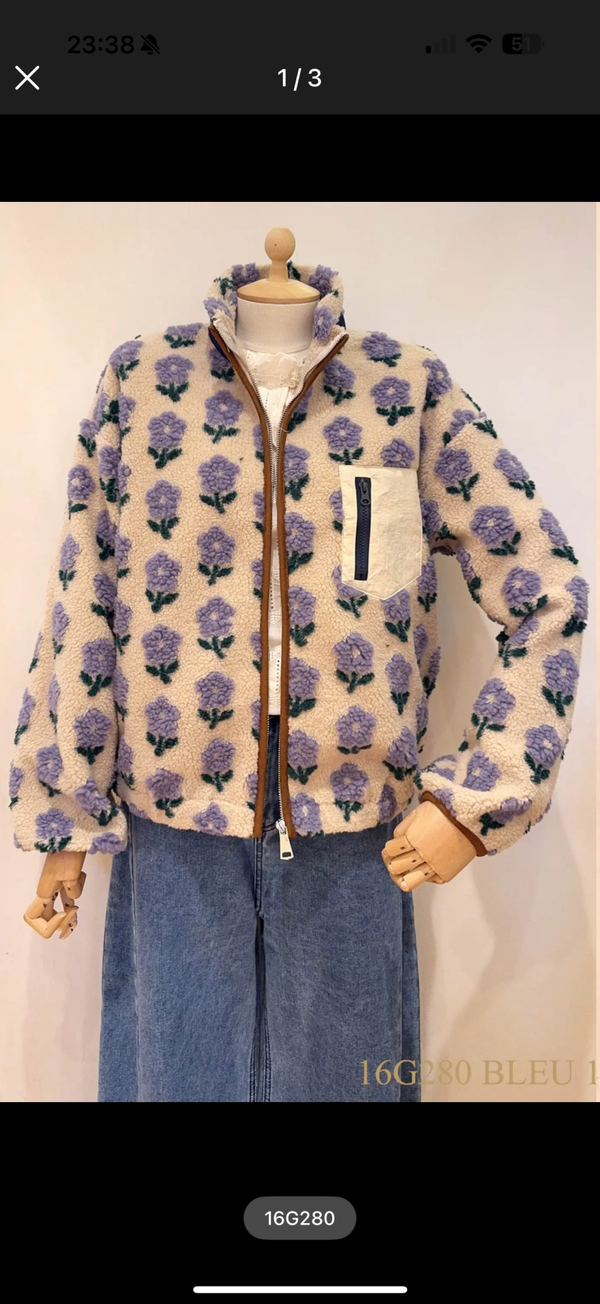 Dagmar teddy jacket beige purple flowers