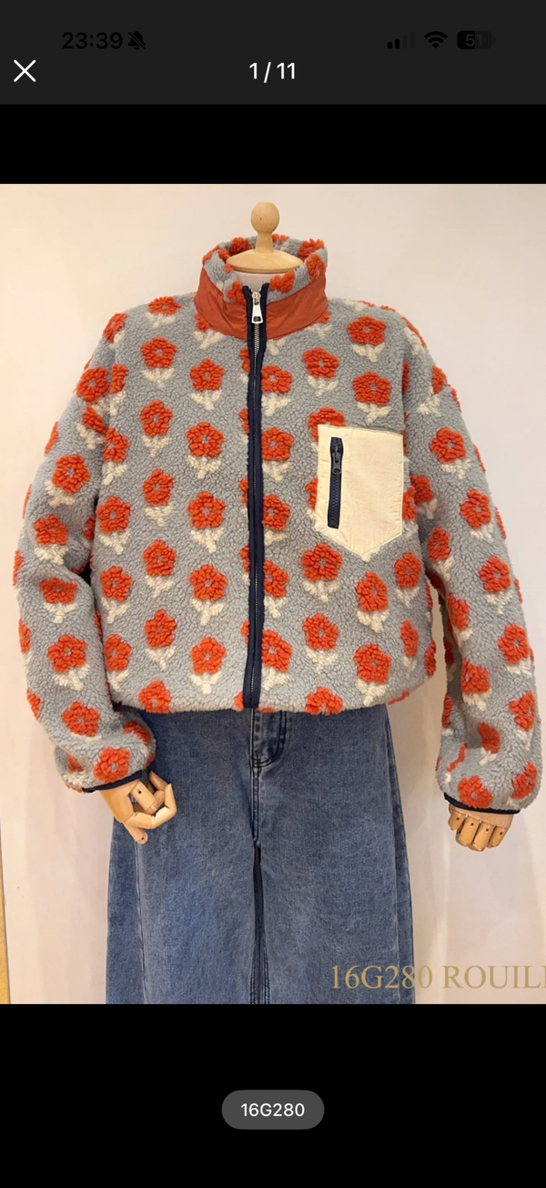 Dagmar teddy jacket blue - dark orange flowers