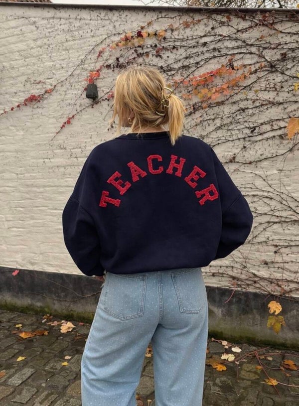 Teacher sweater blue navy with red