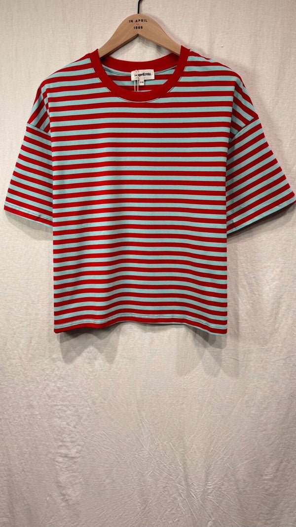 Madelon t-shirt light blue terracotta stripes