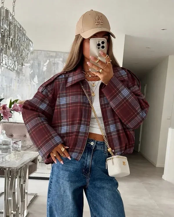 Lotte check bomber jacket burgundy-blue