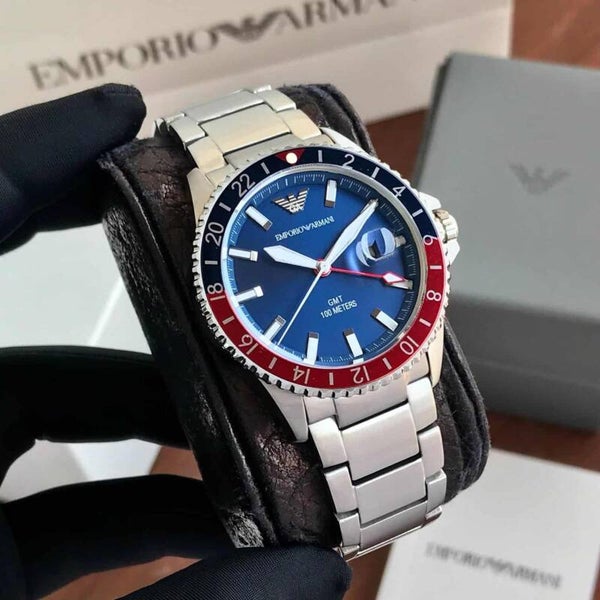 Emporio Armani Diver GMT Dark Blue Enamel Dial Silver Men's Watch - AR11590