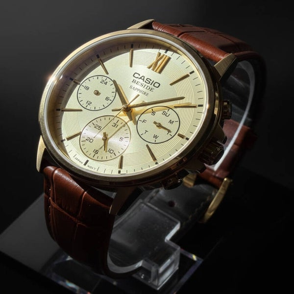 Casio Beside Gold Dress Watch – Sapphire Glass | Luxury Leather Strap