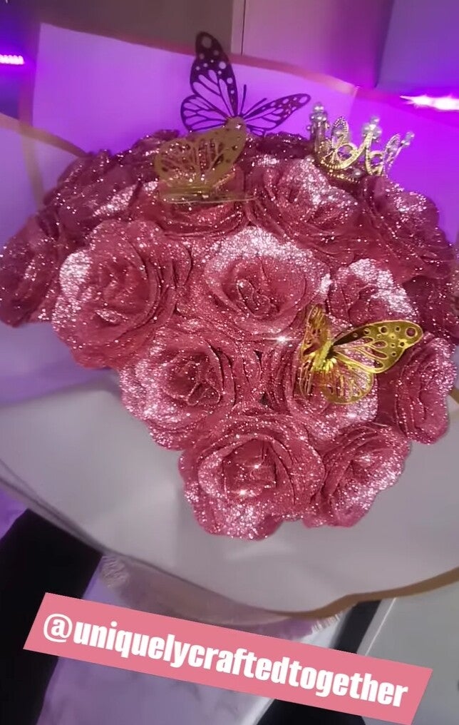 Personalised pink glitter bouquet of flowers