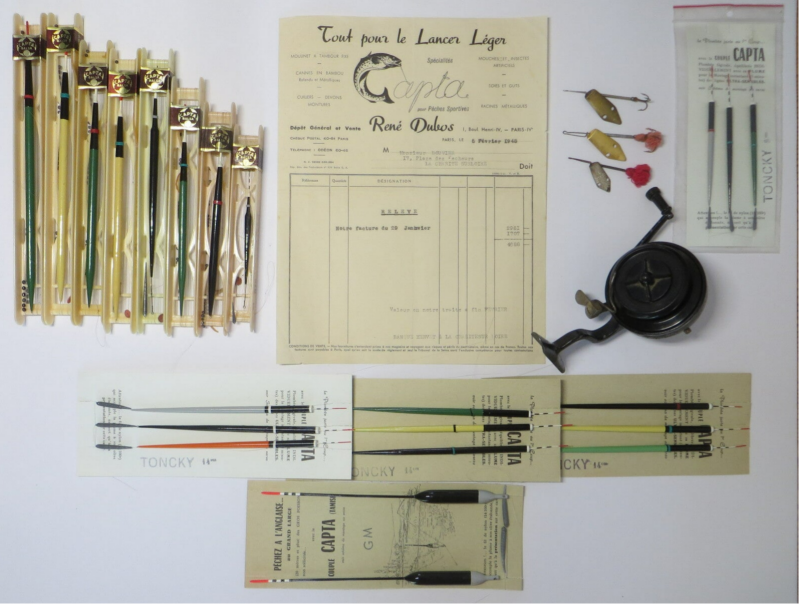 Peche Ancien - CAPTA divers objets de collection Moulinet lignes bouchons leurres