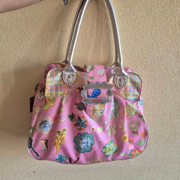 Vintage Y2K Oilily Handtas – Metallic Zilver & Roze Doodle Print