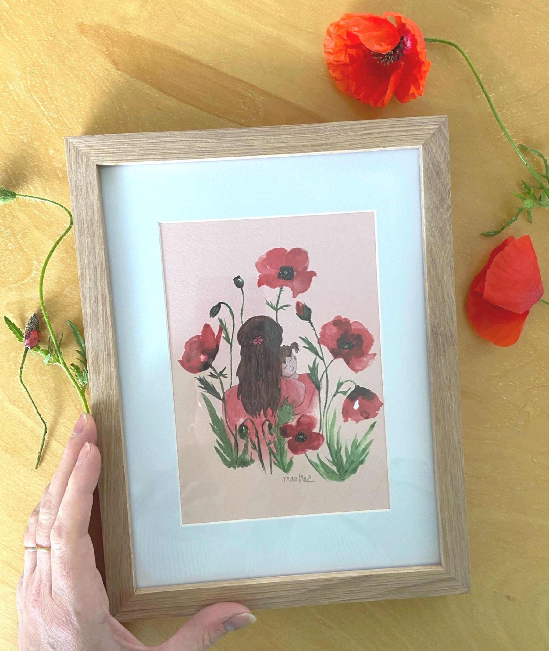 Illustration fête des mères, aquarelle petite série. Maternité et coquelicots.