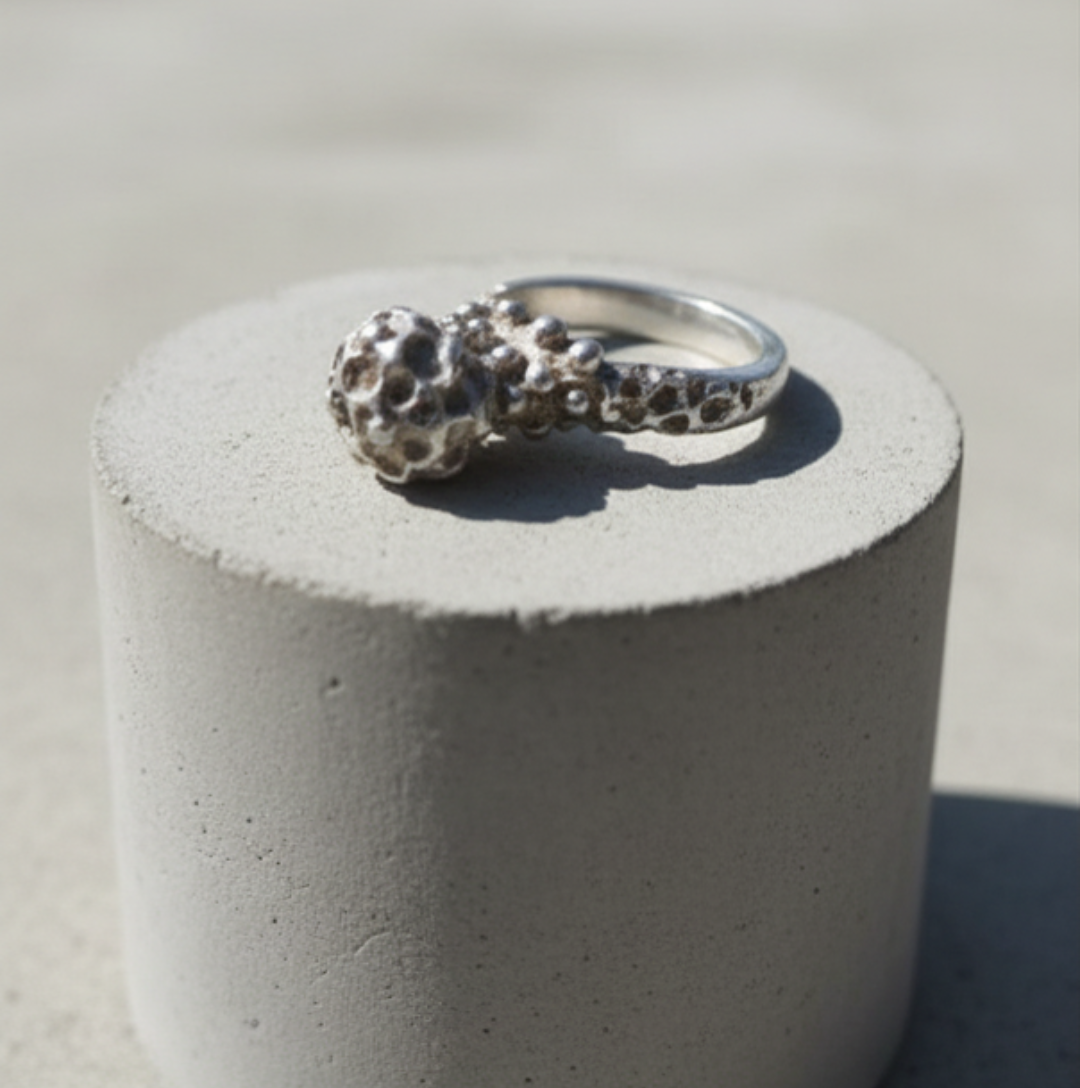 Grillige zilveren ring uit de serie RUW. Maat 16