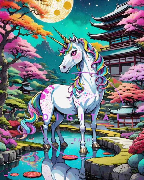 Visuel numérique - Jolie licorne au milieu d'un jardin Japonais