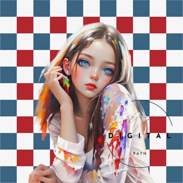 VISUEL numérique - Jeune femme - Carreaux bleu et rouge