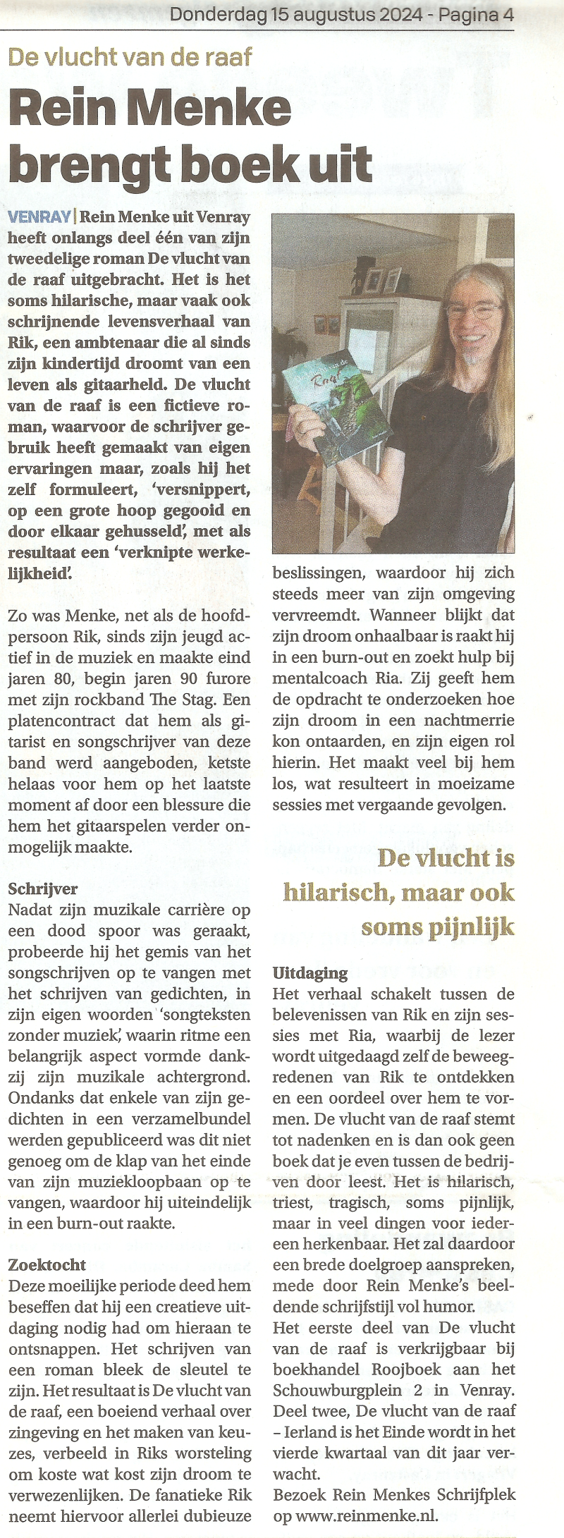 Krantenartikel Peel en Maas over Vlucht van de Raaf  van Rein Menke Auteur op Rein Menke's Schrijfplek