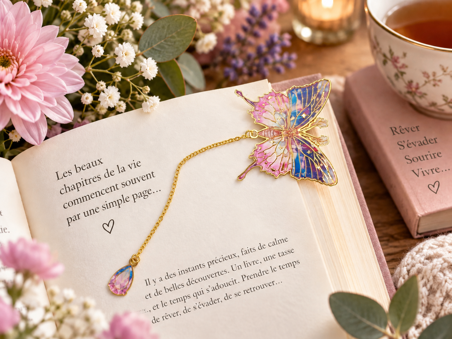 Marque-Page Papillon Féérique – Chaîne Dorée & Breloque Colorée