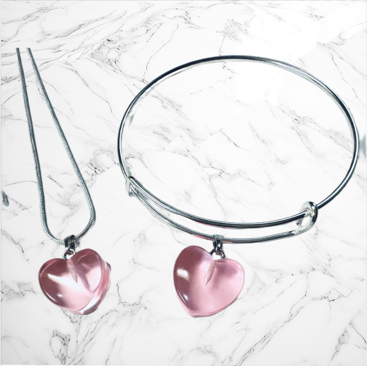 Pink Heart Pendant Necklace and Bracelet