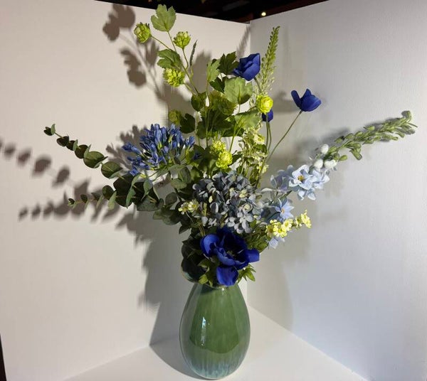 Vaas groen/blauw maat L inclusief top boeket