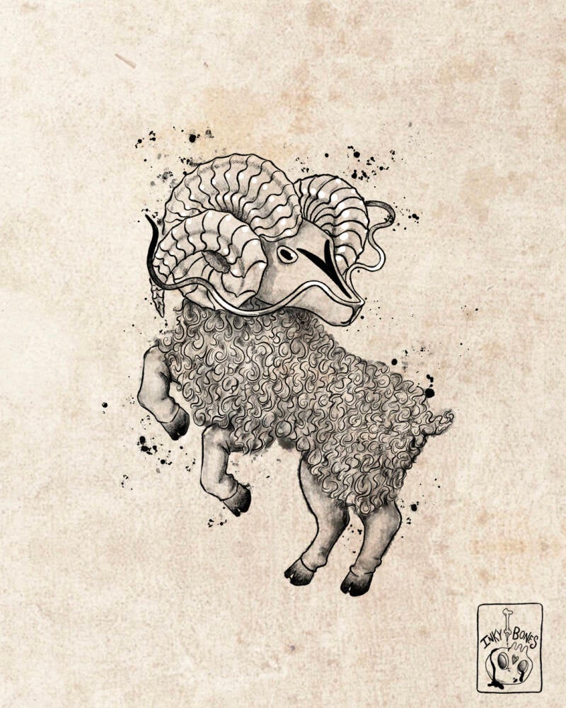 creepy fantasy Aries creature tattoo design