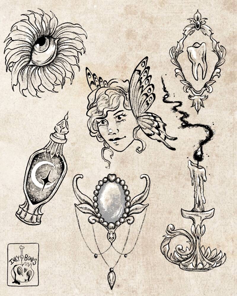 Victorian inspired whimsy goth tattoo designs