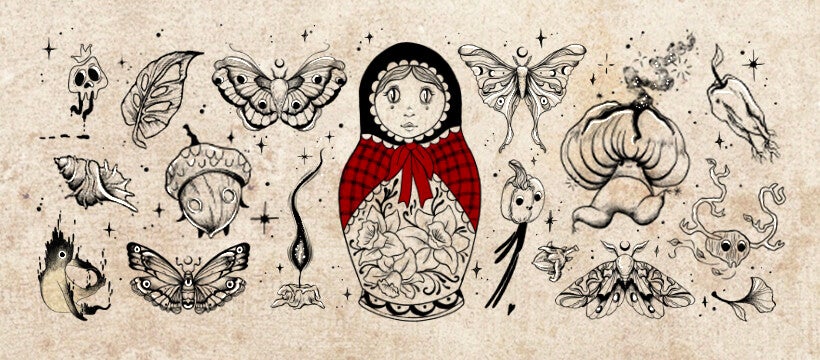 A selection of whimsical and witchy tattoo designs