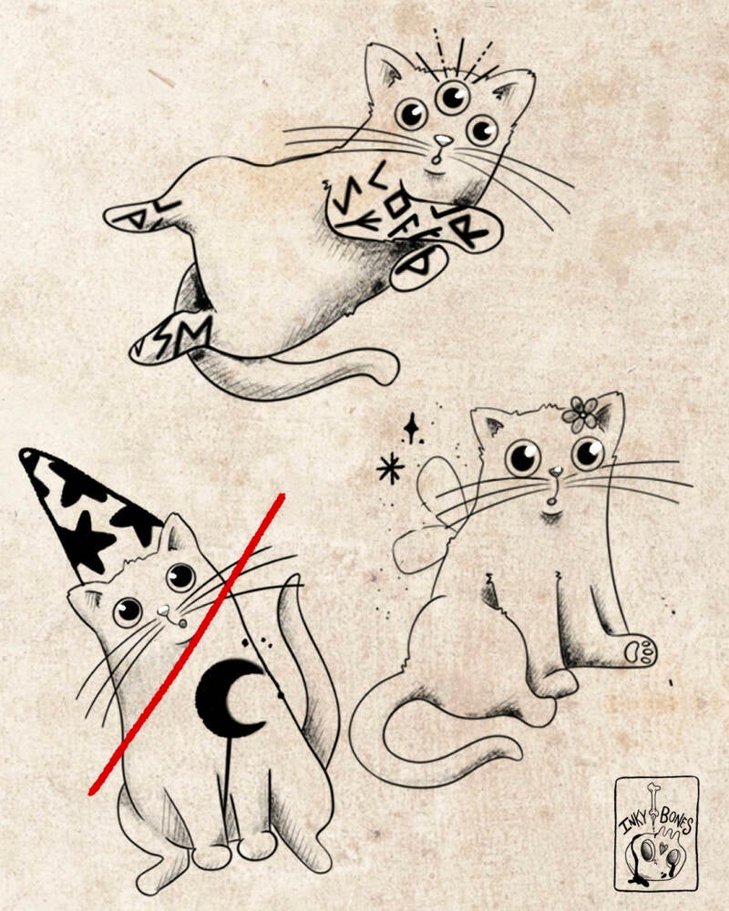 adorable creepy cute magical cat tattoo designs